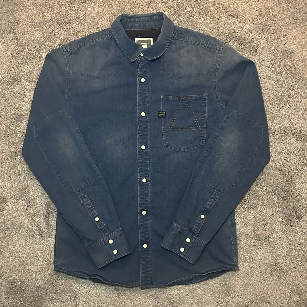 G-Star RAW Denim A-CROTCH Shirt Mens Medium Blue Stretch Pearl Snap Western